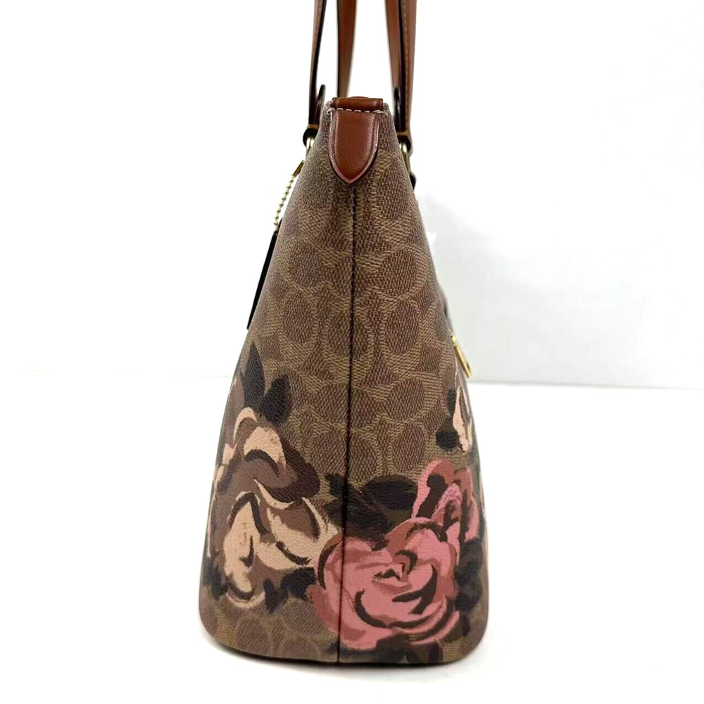 Coach Brown Floral Print Signature Canvas Tote with Pink Accents - Picture 5 of 13